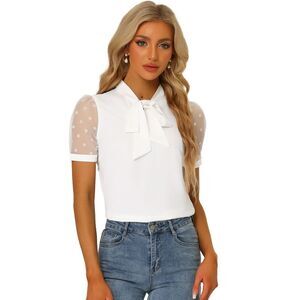 Bow Tie V Neck Stand Collar Short Mesh Sleeve Blouse White